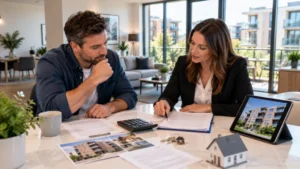Male property investor discussing a buy-to-let interest-only mortgage with a female adviser inside a modern UK rental apartment.