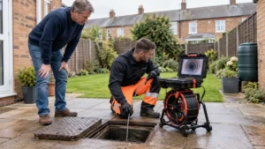 Drainage specialist using CCTV equipment to identify responsibility for a blocked UK drain.