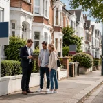 Quiet UK residential street with homes for sale and cautious buyers during the summer property market slowdown.