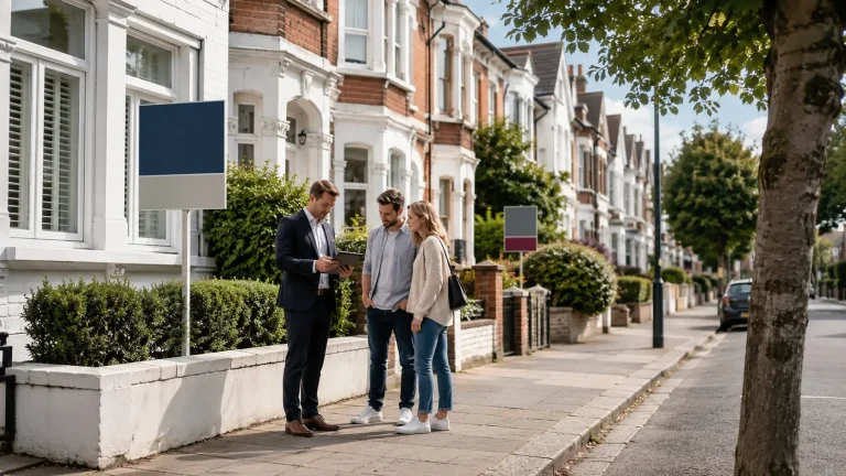 Quiet UK residential street with homes for sale and cautious buyers during the summer property market slowdown.