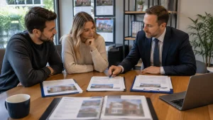 UK homebuyer, estate agent and mortgage adviser reviewing different stages of a property transaction.