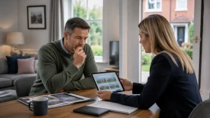UK homeowner discussing asking price strategy with an estate agent ahead of the autumn property market.