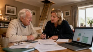 British pensioner discussing loft insulation eligibility with an independent energy adviser.