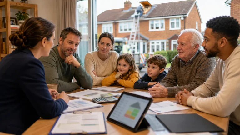 Home energy adviser discussing loft insulation grant eligibility with different UK households.