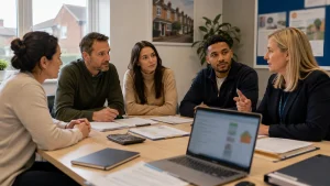 Housing adviser discussing loft insulation funding eligibility with homeowners, tenants and landlords.