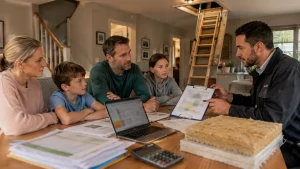 UK energy assessor explaining loft insulation grant eligibility during a home assessment.